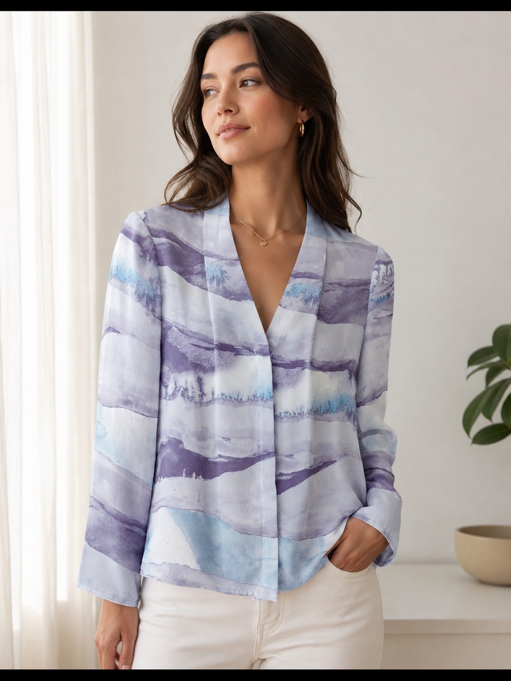 Babaton Watercolor Print Long Sleeve V-Neck Blouse